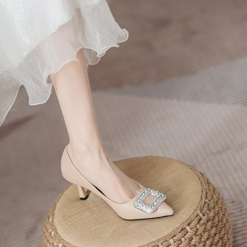 9833-5 Not Tired Feet High Heels Plus Size Suede Black Professional Work Shoes Temperament Beautiful Rhinestone Stiletto Heel Shoes - Image 2